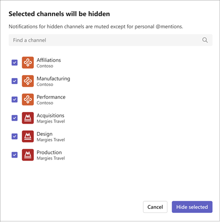 A screenshot of a channel selection interface. It has a list of channels, checkboxes to select them, and a warning about muted notifications. Select channels to hide them.