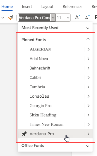 Pinned fonts