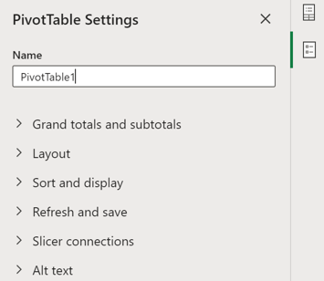 PivotTable Settings pane in Excel for the web