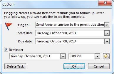 Custom dialog box for setting reminders, start, and due dates