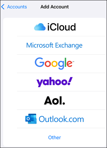 Outlook mobile mail add account provider options