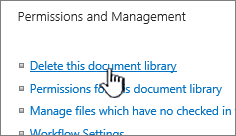 The delete document library in the library settings page