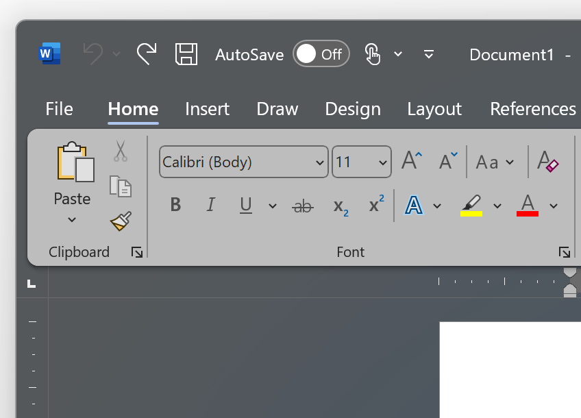 A screenshot of the top left of Word in Dark Gray theme.