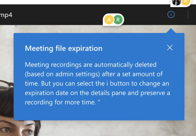 Image showing meeting file expiration flyout message. 