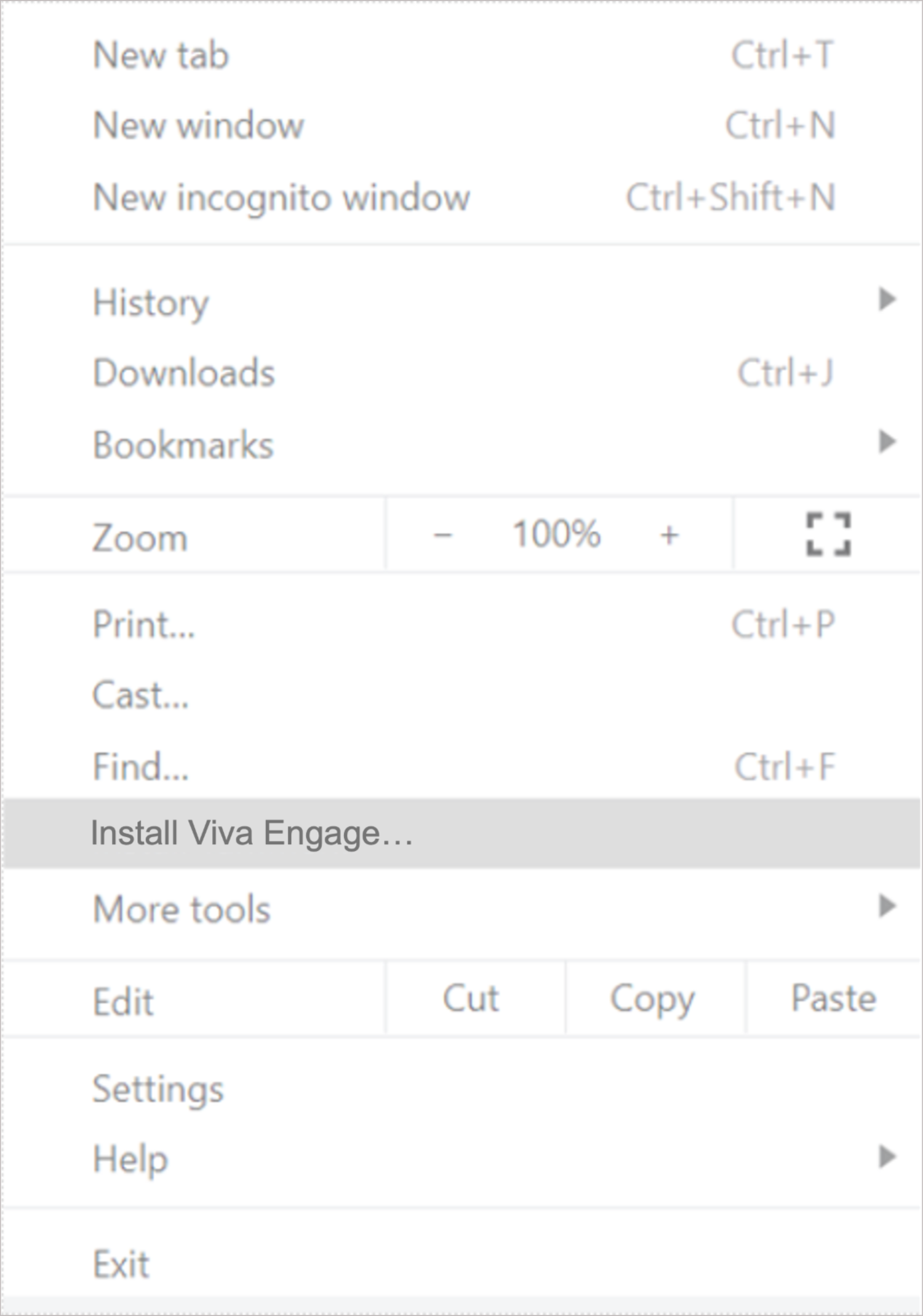 Screenshot shows how to use Chrome's menu to install Viva Engage.