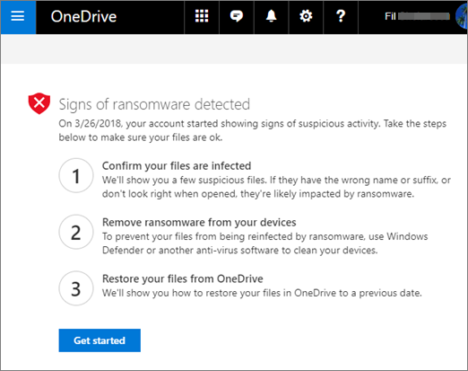 Screenshot of the Signs of ransomware detected screen on the OneDrive website