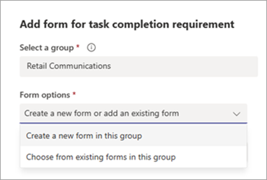 Screenshot showing options to add a form requirement to a task.