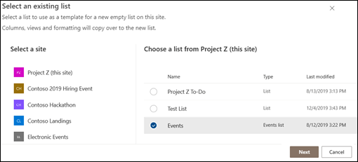 Select an existing list