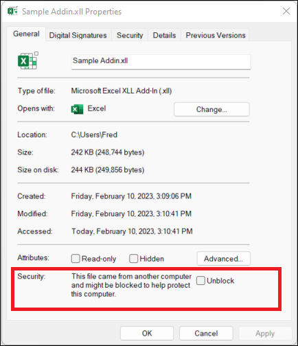 The file properties dialog for an Excel file showing the security section for unblocking an XLL file.