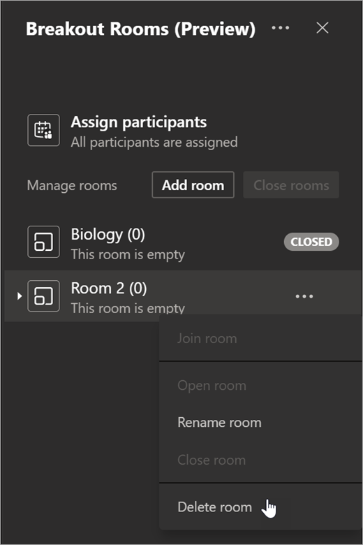 Add room button in Breakout Rooms and Delete room selected from More options menu.