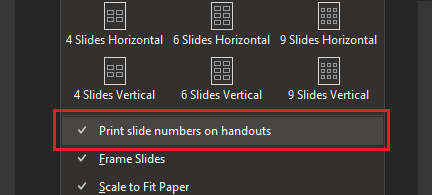 Print dialog with Print slide numbers on handouts highlighted