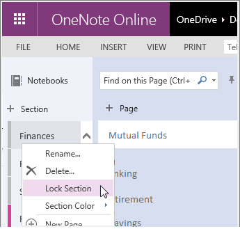 Screenshot of how to relock a section in OneNote Online.
