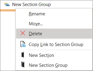 Delete section group in OneNote for Windows dialog
