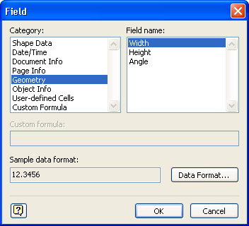 The Field dialog box, showing the fields that can be entered into a data graphic.