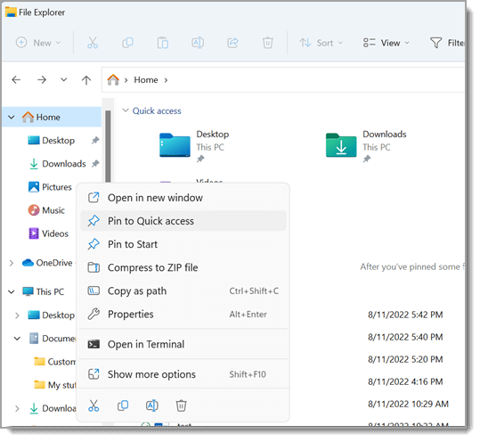 Shows File Explorer, with the right-click menu open for a file. "Pin to Quick access" is highlighted in the menu.