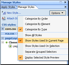 Options menu with Show Styles Used In Current Page command selected