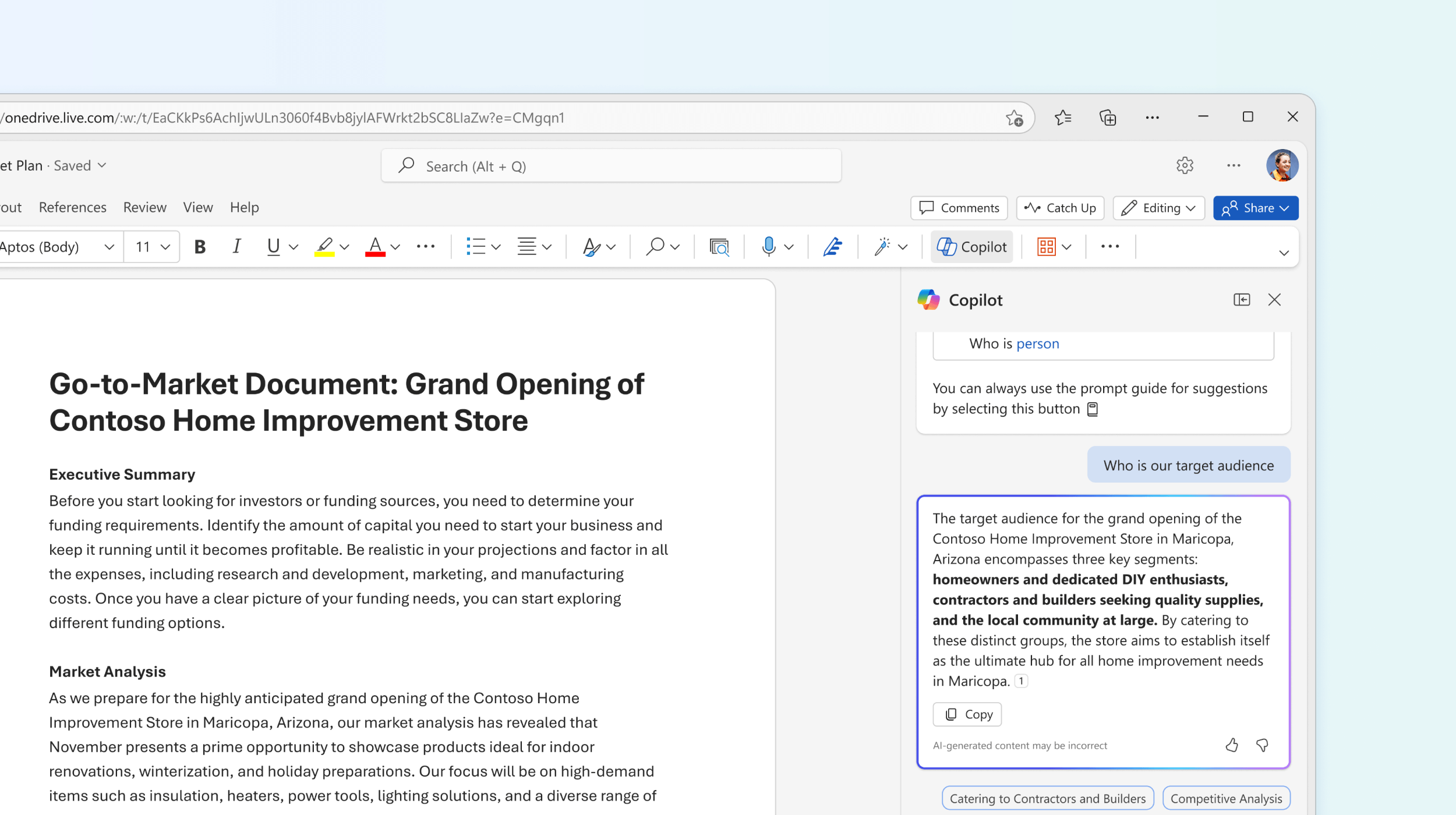 Screenshot shows Copilot in Word answering a question about the document.