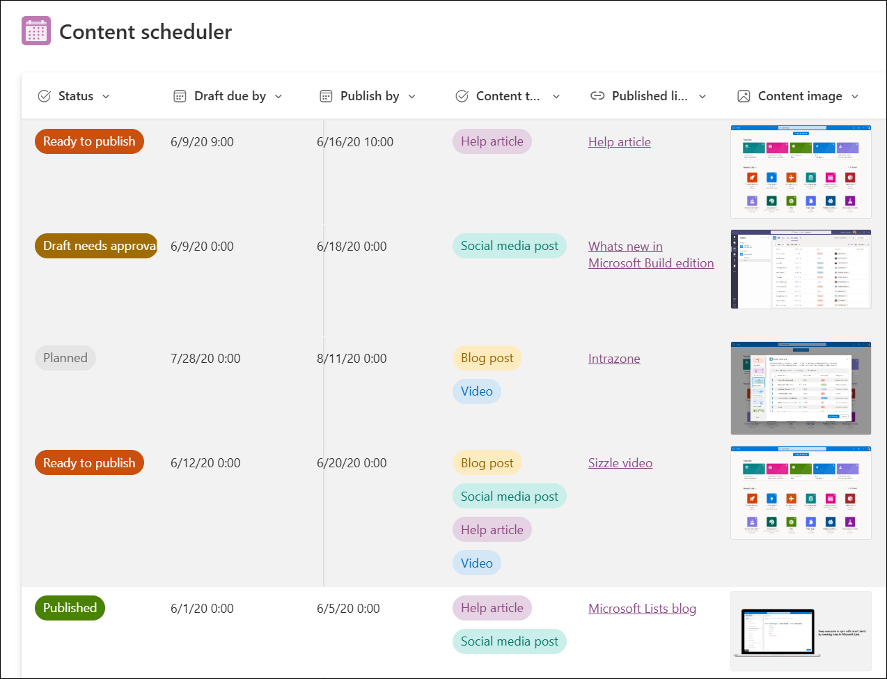 screenshot of Template of content scheduler sample