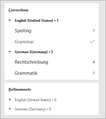 Corrections and refinements are listed per language in the Editor pane.