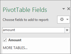 PivotTable Field pane showing the results of a search