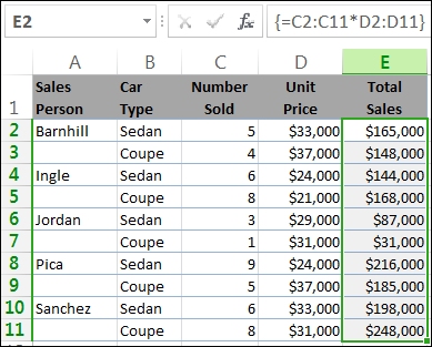 The totals in column E are calculated by an array formula