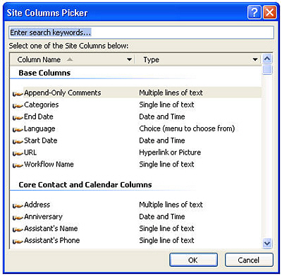 Site Columns Picker dialog box