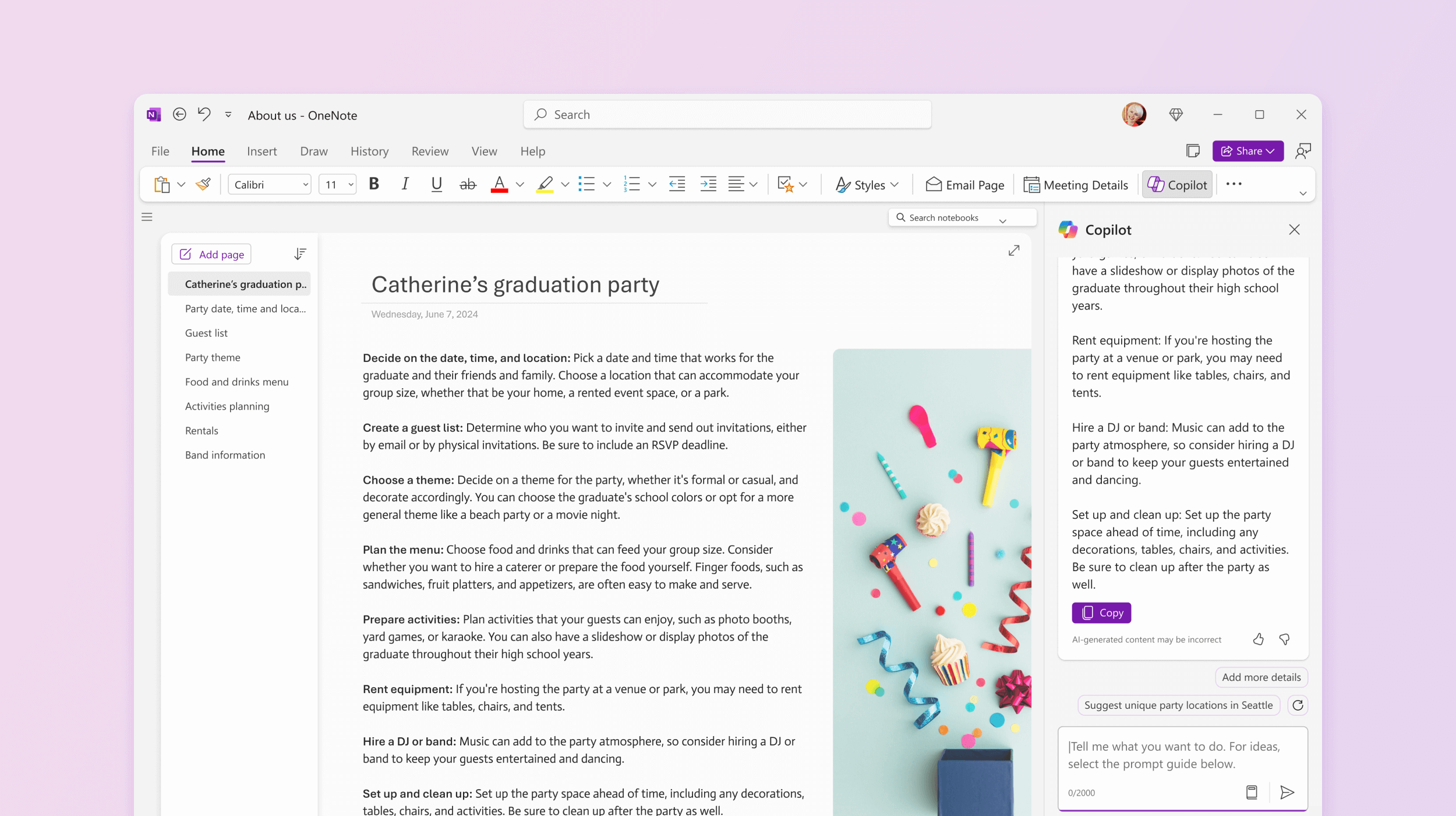 Screenshot shows Copilot in OneNote making suggestions to try.