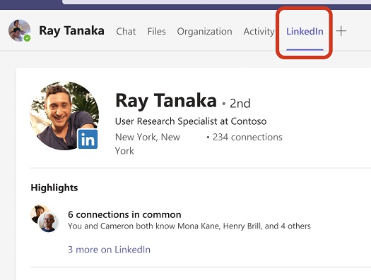 A Teams chat. A red box highlights the LinkedIn tab and details about the person's profile show in the chat window. 
