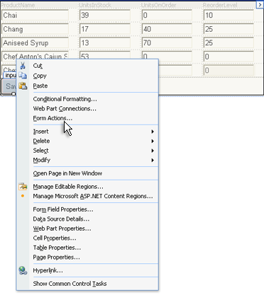 Form Actions command on the shortcut menu