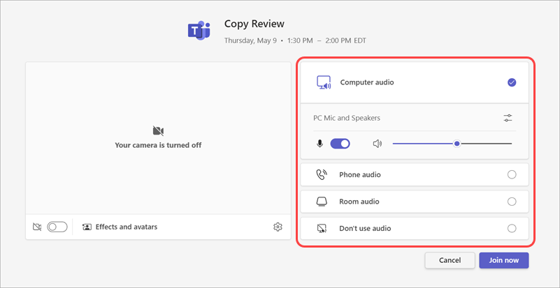 Choose your audio source for a meeting from the pre-join screen.