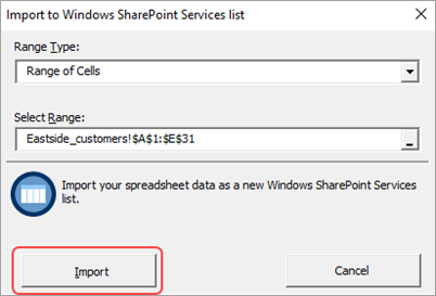 Screenshot of the import to spreadsheet dialog box with the import button highlighted.