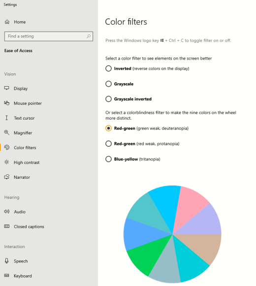 The color filters settings for the colorblind on Windows.