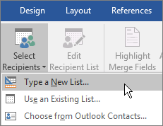As part of Word mail merge, on the Mailings tab, in the Start Merge Group, choose Select Recipients, and then choose Type a New List