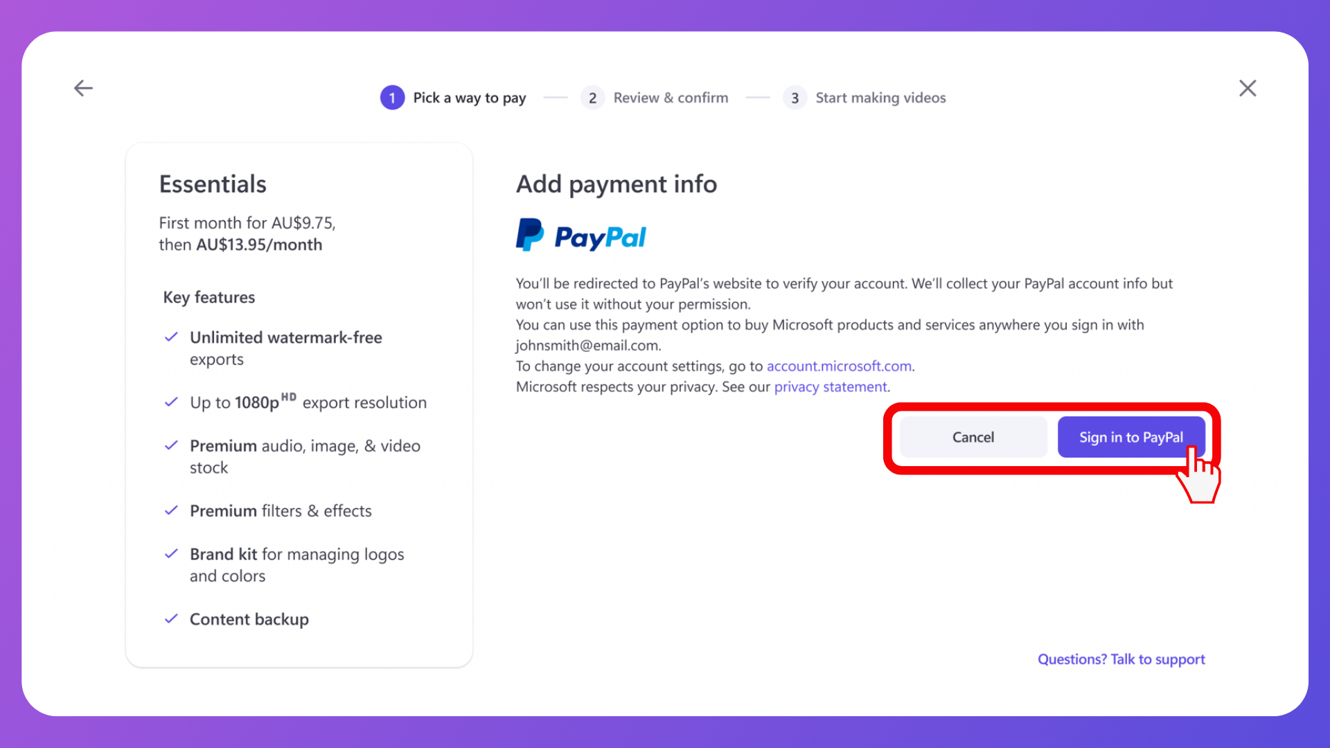 Paypal payment screen