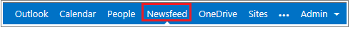SharePoint admin center navigation bar with Newsfeed highlighted
