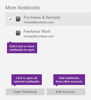 Screenshot of the More Notebooks window in OneNote