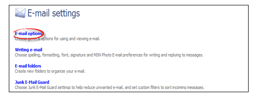 MSN Email settings, options