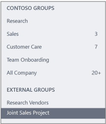 Screenshot of the Yammer navigation bar showing an External Groups section