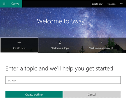 Composite screenshot of the Welcome To Sway screen and the QuickStarter topic entry pane.