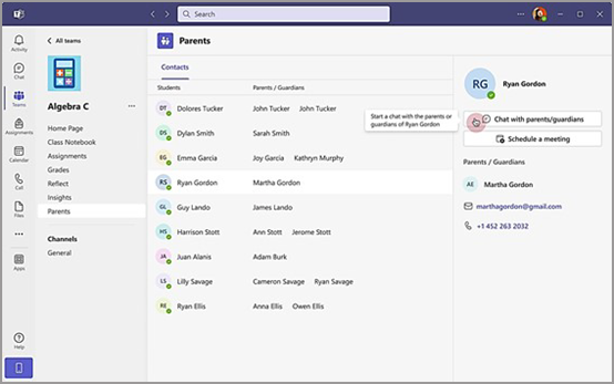 Educator view of Teams chat with parents in Microsoft Teams.
