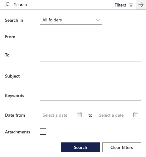 Search box in Outlook on the web showing the available filters