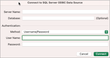 The SQL Server dialog box to enter server, database, and credentials