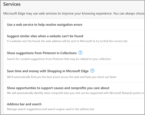 How to get to the Services section to update your address bar in Edge.