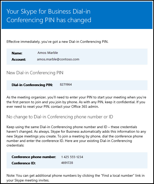 Dial-in conferencing PIN changed.