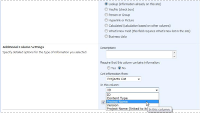 Defining a Lookup column to take information from another list