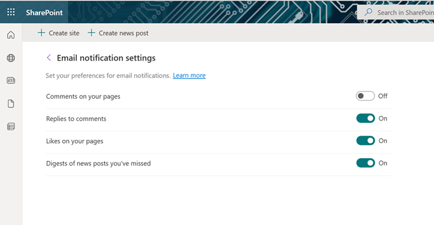 Screenshot of the email notification preferences