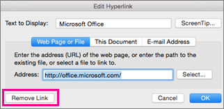 shortcut to remove hyperlink in word for mac