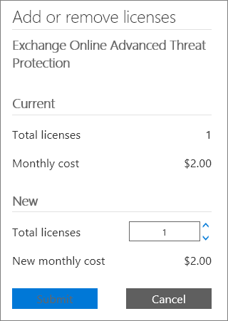 Total licenses box and the submit button on the Add or remove licenses dialog box.