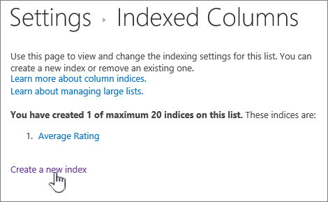 Indexed columns page with Create a new index highlighted