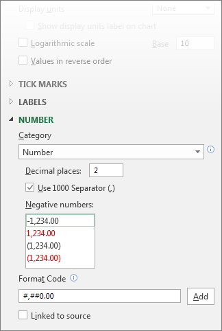 Format Number options for value axis